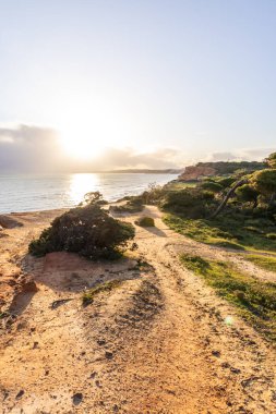 Atlantik Okyanusu 'nda çarpıcı oluşumları olan kayalıklar. Manzara çekiminde sıcak gün batımı. Sahilde ve denizde çarpıcı oluşumlara sahip kızıl kayalıklar, Praia da Falsia, Algarve, Portekiz