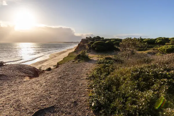 Atlantik Okyanusu 'nda çarpıcı oluşumları olan kayalıklar. Manzara çekiminde sıcak gün batımı. Sahilde ve denizde çarpıcı oluşumlara sahip kızıl kayalıklar, Praia da Falsia, Algarve, Portekiz