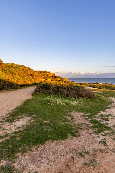 Atlantik Okyanusu 'nda çarpıcı oluşumları olan kayalıklar. Manzara çekiminde sıcak gün batımı. Sahilde ve denizde çarpıcı oluşumlara sahip kızıl kayalıklar, Praia da Falsia, Algarve, Portekiz
