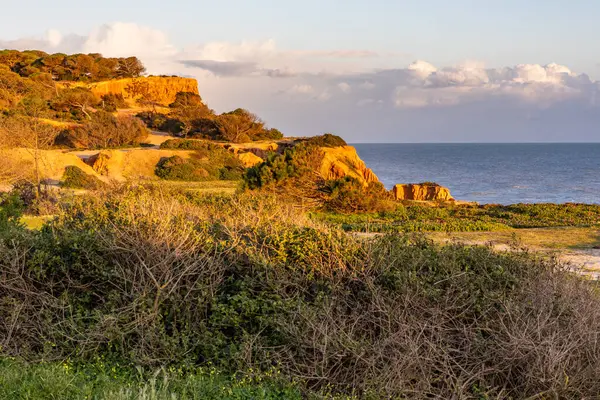 Atlantik Okyanusu 'nda çarpıcı oluşumları olan kayalıklar. Manzara çekiminde sıcak gün batımı. Sahilde ve denizde çarpıcı oluşumlara sahip kızıl kayalıklar, Praia da Falsia, Algarve, Portekiz