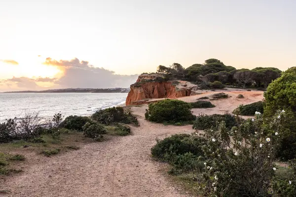 Atlantik Okyanusu 'nda çarpıcı oluşumları olan kayalıklar. Manzara çekiminde sıcak gün batımı. Sahilde ve denizde çarpıcı oluşumlara sahip kızıl kayalıklar, Praia da Falsia, Algarve, Portekiz