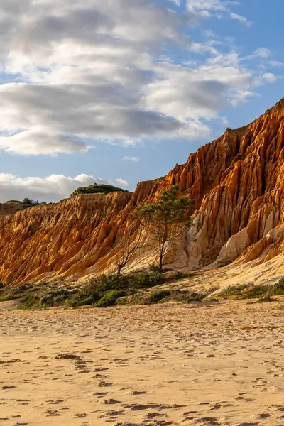 Bir çakıl taşı ve kumsalda inanılmaz kaya oluşumu. Kızıl topraklı kızıl kayalıklar ve kumlu sahilde inanılmaz oluşumlar. Praia da Falsia, sıcak güneş ışığıyla yıkanmış, Algarve, Portekiz