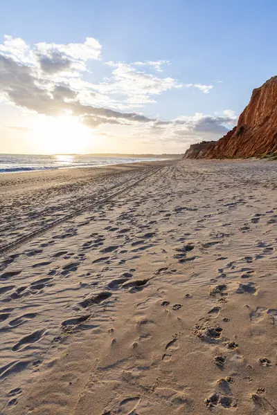 Okyanus kıyısında inanılmaz bir kaya oluşumu. Kızıl toprağı ve geniş kumsalda çarpıcı oluşumları olan kızıl kayalıklar. Praia da Falsia, güneş batarken sıcak bir ışıkta yıkandı, Algarve, Portekiz