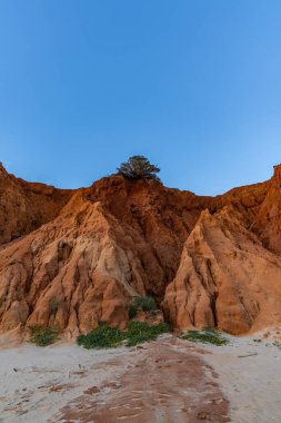 Praia da Falsia 'nın altın kumlu plajı. Karakteristik turuncu uçurumları. Akşam üzeri Portekiz' in Algarve kentindeki uçurumlarda çekilen manzara.
