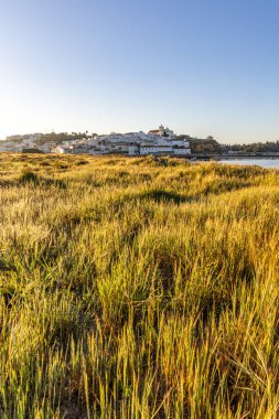 Güneşin doğuşu çayıra, kumlu plaja ve alçak gelgitte limana bakıyor. Günbatımında Ferragudo, Portimo, Algarve, Portekiz 'de tarihi bir kasabanın panoramik manzarası