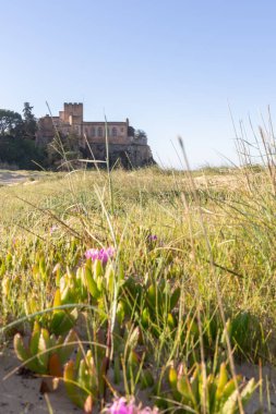 Ferragudo Kalesi bir liman körfezindeki kumlu bir sahilde yer almaktadır. Mavi gökyüzü ve yumuşak dalgalarla kumlu sahilde sabah ışığı. Praia da Angrinha, Ferragudo, Portimo, Algarve, Portekiz
