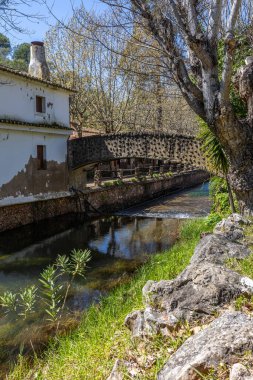 Çitlerle çevrili bir bahar, bazen yüzme havuzuna dönüşen tarihi bir yer. Praia Fluvial de Alte 'nin eski duvarları, Algarve, Portekiz