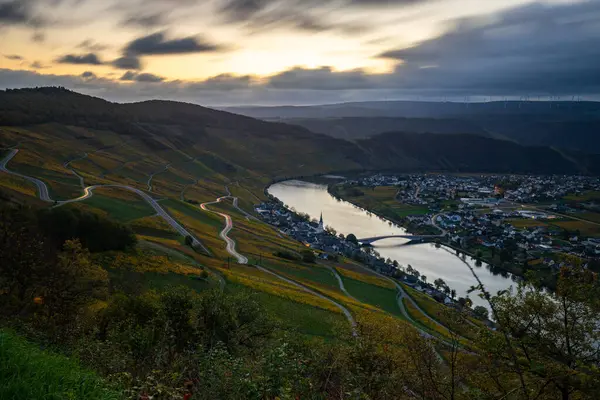Sonbaharda güzel üzüm bağları, sarı yapraklar, üzüm bağlarının arasında rüya gibi bir gün doğumu. Moselle 'in ve Piesport yakınlarındaki Moselle Vadisi' nin sarmaşıkları arasından bakın..