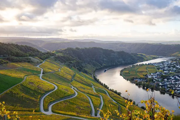 Sonbaharda güzel üzüm bağları, sarı yapraklar, üzüm bağlarının arasında rüya gibi bir gün doğumu. Yollar, Piesport yakınlarındaki güneşli Moselle Vadisi 'nin dik yamaçlarından geçiyor..