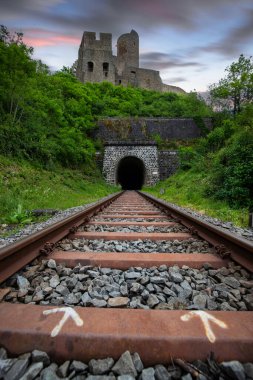 Lwenburg Kalesi 'nin çevresindeki manzara. Ormanın ortasındaki Elzbach deresinin üzerindeki güzel tarihi şato kalıntıları. Almanya, Monreal yakınlarındaki manzara fotoğrafı