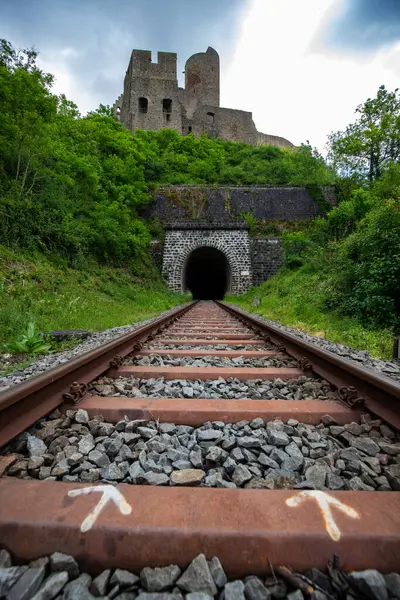 Lwenburg Kalesi 'nin çevresindeki manzara. Ormanın ortasındaki Elzbach deresinin üzerindeki güzel tarihi şato kalıntıları. Almanya, Monreal yakınlarındaki manzara fotoğrafı