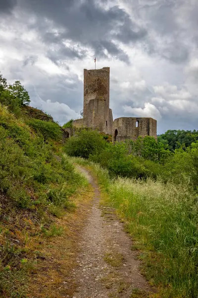 Lwenburg Kalesi 'nin çevresindeki manzara. Ormanın ortasındaki Elzbach deresinin üzerindeki güzel tarihi şato kalıntıları. Almanya, Monreal yakınlarındaki manzara fotoğrafı