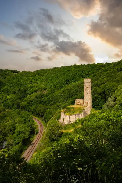 Lwenburg Kalesi 'nin çevresindeki manzara. Ormanın ortasındaki Elzbach deresinin üzerindeki güzel tarihi şato kalıntıları. Almanya, Monreal yakınlarındaki manzara fotoğrafı