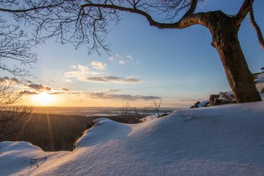 Kar ve buzla kaplı kış manzarası. Kışın sersemletici beyaz dağ ve orman manzarası. Taunus Dağları 'nda gün ışığı, Hesse, Almanya