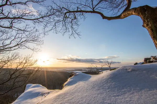 Kar ve buzla kaplı kış manzarası. Kışın sersemletici beyaz dağ ve orman manzarası. Taunus Dağları 'nda gün ışığı, Hesse, Almanya