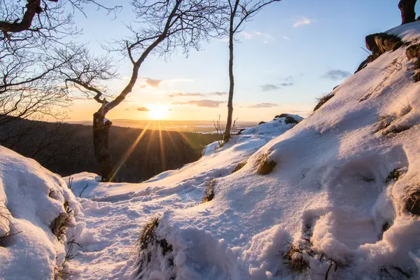 Kar ve buzla kaplı kış manzarası. Kışın sersemletici beyaz dağ ve orman manzarası. Taunus Dağları 'nda gün ışığı, Hesse, Almanya