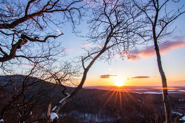 Kar ve buzla kaplı kış manzarası. Kışın sersemletici beyaz dağ ve orman manzarası. Taunus Dağları 'nda gün ışığı, Hesse, Almanya