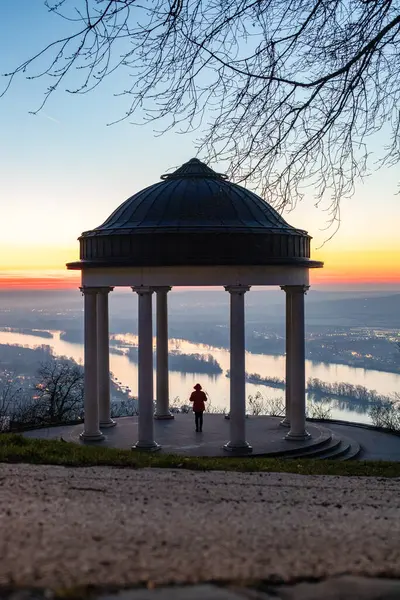 Bir kış sabahı gün doğumunda güzel bir park. Güneş doğarken Ren Vadisi 'nin güzel manzarası. Niederwald Anıtı 'nda manzara çekimi, Rdesheim, Hesse, Almanya