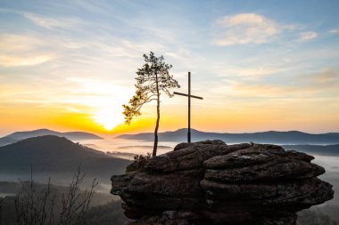 Bir dağ manzarasında gün doğumu. Ormandaki kumtaşı bir uçurumun arkasında yükselen güneş. Almanya 'daki Rtzenfelsen, Palatinate Ormanı' ndaki vadide sis oluşuyor.
