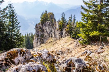 Bir bahar tırmanışının manzara fotoğrafı. Alman Alpleri 'nin güneş ışığındaki tipik manzara