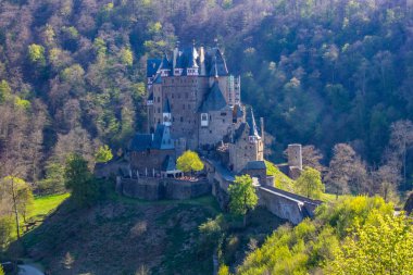 Vadideki kale yeşil bir kayın ormanıyla çevrili. Sabah güneş doğarken çekilmiş. Eltz Nehri üzerinde güzel manzara fotoğrafı, Eltz Şatosu, Almanya
