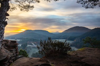 Kışın Sprinzelfelsen Kayası. Vadideki sis ve bu manzara fotoğrafındaki kayalık bir uçurum manzarası. Almanya 'nın Palatinate Ormanı' nda gün doğumu