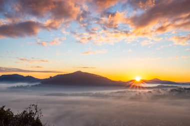 Gün doğumunda manzara ve vadide sis. Sabahleyin bir uçurumdan manzarayı izleyeceğim. Noel 'de güzel bir ışık. Saf doğa, ormanda insan yok. Wernersberg Wachtfels, Derebeyi Ormanı, Almanya