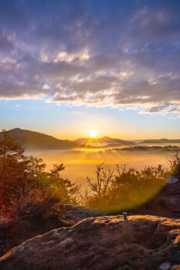 Gün doğumunda manzara ve vadide sis. Sabahleyin bir uçurumdan manzarayı izleyeceğim. Noel 'de güzel bir ışık. Saf doğa, ormanda insan yok. Wernersberg Wachtfels, Derebeyi Ormanı, Almanya