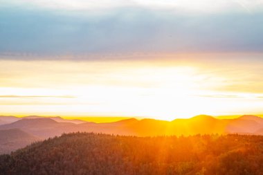 Tarihi bir kuleden orman manzarasında inanılmaz güzel bir gün doğumu. Luitpold Kulesi, Derebeyi Ormanı, Almanya 'da sabah manzarası