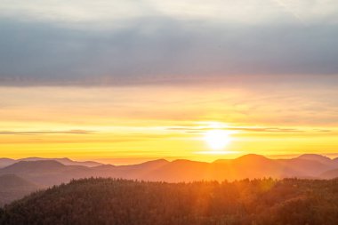 Tarihi bir kuleden orman manzarasında inanılmaz güzel bir gün doğumu. Luitpold Kulesi, Derebeyi Ormanı, Almanya 'da sabah manzarası