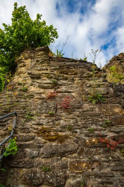 Şelaleli tarihi bir köprüde gün doğumundan sonraki sabah. Pyrmont Değirmeni 'ndeki manzara fotoğrafı, Elztal, Almanya