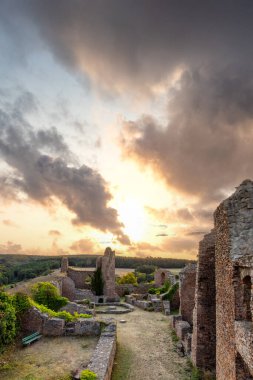 Şato harabelerinin üzerinde gün batımı, Almanya 'nın Palatinate Ormanı' ndaki yazdan kalma güzel manzara fotoğrafı.