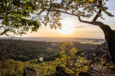 Taunus, Almanya 'da Feldberg' de güzel bir günbatımı. Doğada harika bir manzarayla ön planda bir taş ve yeşillik fotoğrafı çekildi.