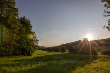 Taunus, Almanya 'da Feldberg' de güzel bir günbatımı. Doğada harika bir manzarayla ön planda bir taş ve yeşillik fotoğrafı çekildi.