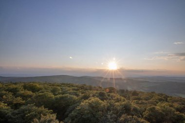 Taunus, Almanya 'da Feldberg' de güzel bir günbatımı. Doğada harika bir manzarayla ön planda bir taş ve yeşillik fotoğrafı çekildi.