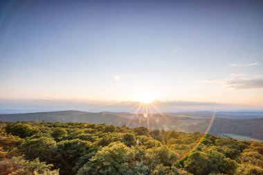 Taunus, Almanya 'da Feldberg' de güzel bir günbatımı. Doğada harika bir manzarayla ön planda bir taş ve yeşillik fotoğrafı çekildi.