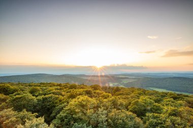 Taunus, Almanya 'da Feldberg' de güzel bir günbatımı. Doğada harika bir manzarayla ön planda bir taş ve yeşillik fotoğrafı çekildi.