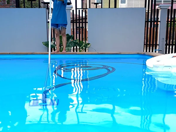 Woman Cleaning Swimming Pool Water Maintenance Pool — Stock Photo, Image