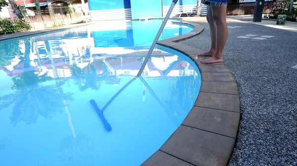 Women Cleaning Swimming Pool Water Maintenance Pool Care Equipment — Stock Photo, Image