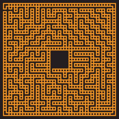 Tuğla duvar labirenti, labirent bulmaca oyunu siyah arkaplan üzerindeki bilmece vektör çizimi.