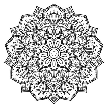 Siyah çizgi daire mandala, çiçek desenli süs.