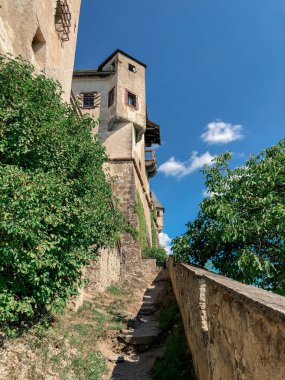 Avusturya 'daki dağda ortaçağ kalesi. Çiçekler ve mimari. Avusturya 'nın resimli manzaraları..