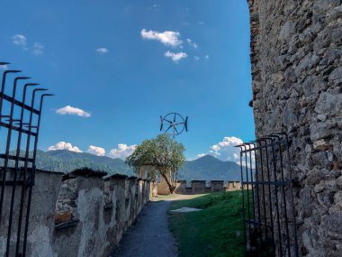 Avusturya 'daki dağda ortaçağ kalesi. Çiçekler ve mimari. Avusturya 'nın resimli manzaraları..