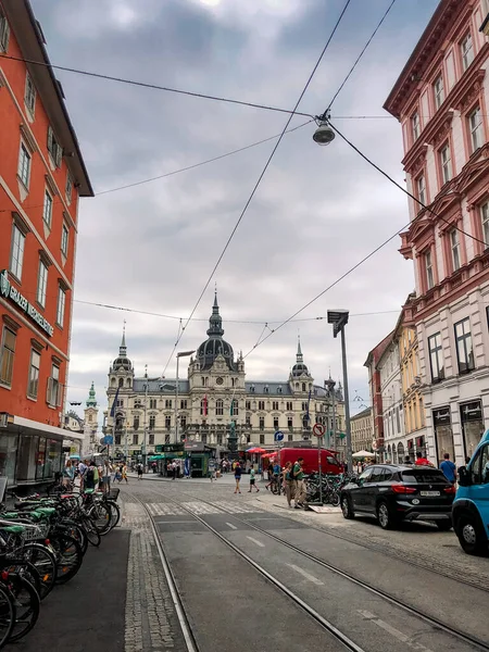 stock image Urban landscape. City of Graz. Austria. Narrow streets of Europe. Picturesque city. Beautiful buildings in Austria. Hauptplatz.  Erzherzog-Johann-Brunnen. Rathaus.