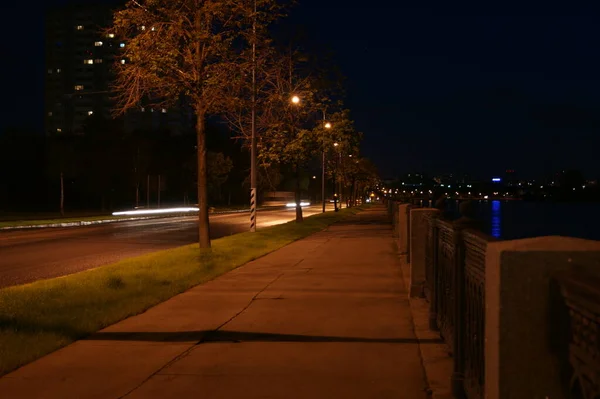 City Lighting Poles Road Evening Landscape Night City Sidewalk River — 스톡 사진