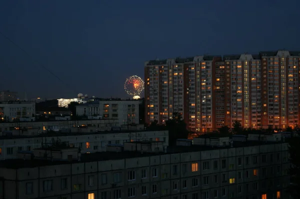 Multi Storey Buildings Night Lights Apartments House Someone Launches Fireworks — Stockfoto