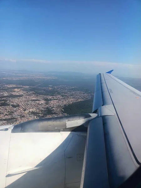 Utsikt Från Fönstret Planet Till Staden Lissabon Och Portugal Klarblå — Stockfoto