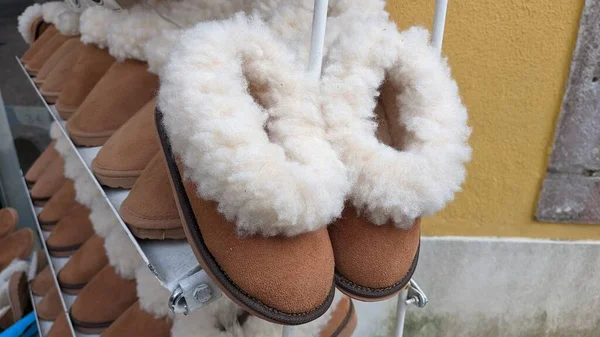 Shelf Entrance Store Selling Low Ugg Boots White Fur Different — Stock Photo, Image