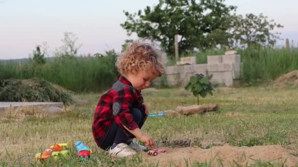 空への距離を見て その後 芝生の上でおもちゃで遊んで 庭の庭で 彼は彼の手を飛行機に振って — ストック動画