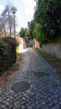 Porugalia Sintra 'da dar bir yaya sokağı. Güneşli bir günde, kırsalın batısında yürürken yerde granit kaldırım taşları var.